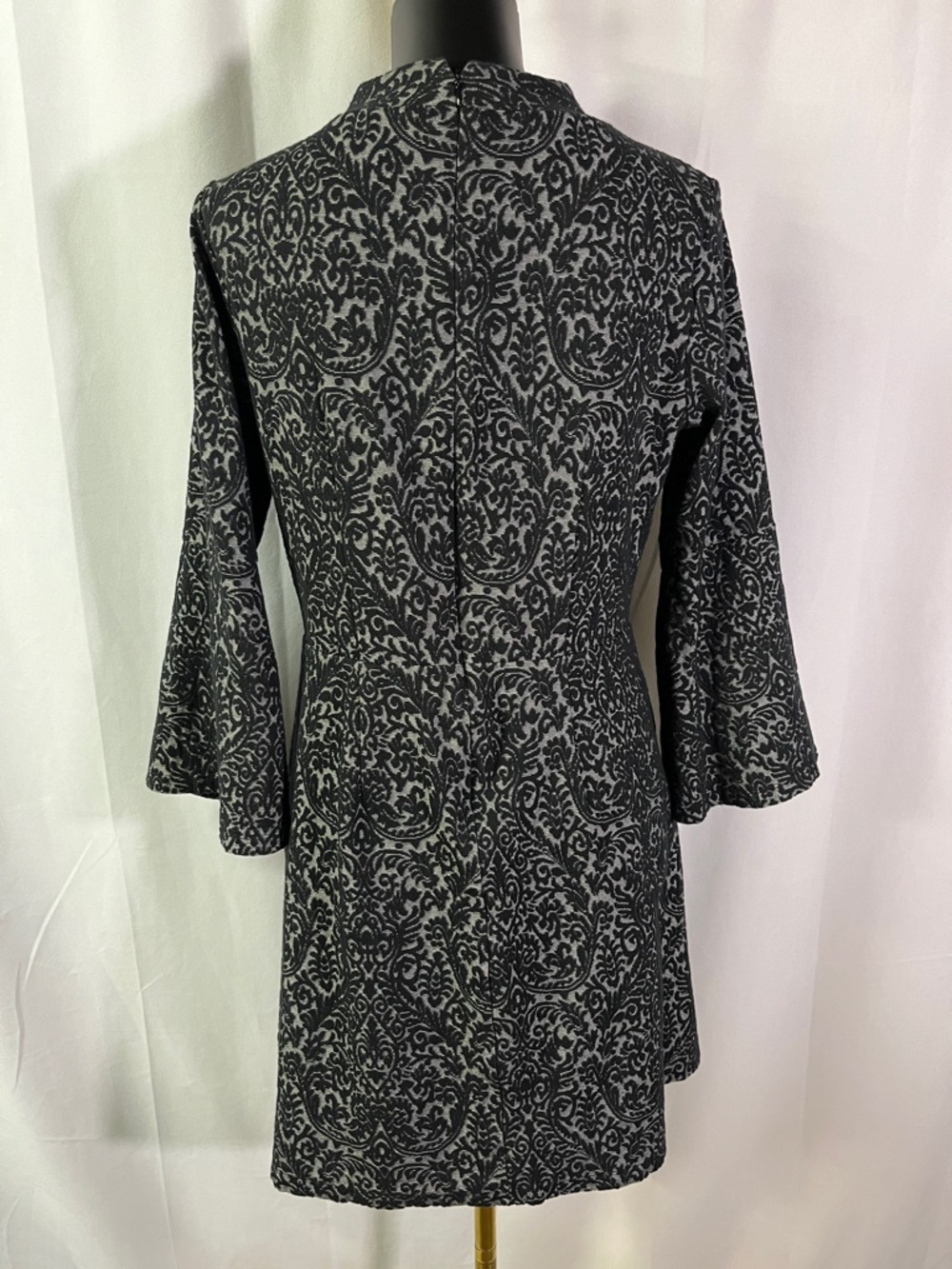 LOFT Black & Gray Jacquard Floral 3/4 Sleeve A-Line Dress - Picture 4 of 16